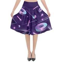 Retrowave Aesthetic Vaporwave Retro Memphis Pattern 80s Design Geometrical Shapes Futurist Pink Blue 3d Flared Midi Skirt by genx