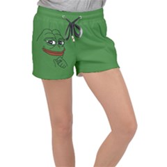 Pepe The Frog Smug Face With Smile And Hand On Chin Meme Kekistan All Over Print Green Women s Velour Lounge Shorts by snek