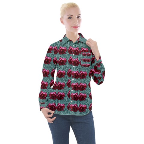 Forest Roses On Decorative Wood Women s Long Sleeve Pocket Shirt by pepitasart
