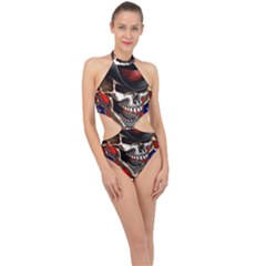 Confederate Flag Usa America United States Csa Civil War Rebel Dixie Military Poster Skull Halter Side Cut Swimsuit by Sapixe