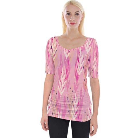 Pink Leaf Pattern Wide Neckline Tee by designsbymallika