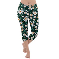 White Floral Pattern Lightweight Velour Capri Yoga Leggings by designsbymallika