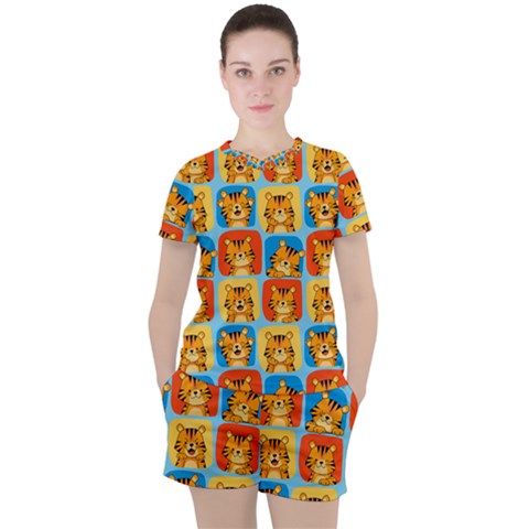 Cute Tiger Pattern Women s Tee And Shorts Set by designsbymallika
