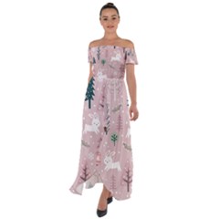 Winter Season Seamless Pattern Decoration Off Shoulder Open Front Chiffon Dress by Vaneshart