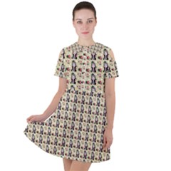 Chrix Pat Beige Short Sleeve Shoulder Cut Out Dress  by snowwhitegirl