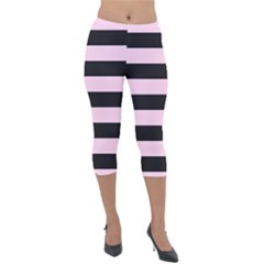Black And Light Pastel Pink Large Stripes Goth Mime French Style Lightweight Velour Capri Leggings  by genx