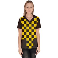 Checkerboard Pattern Black And Yellow Ancap Libertarian Women s V-neck Scrub Top by snek