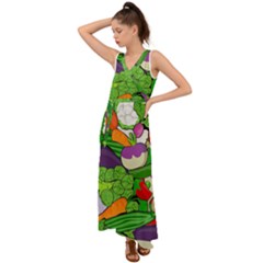 Vegetables Bell Pepper Broccoli V-neck Chiffon Maxi Dress by HermanTelo