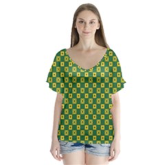 Df Green Domino V-neck Flutter Sleeve Top by deformigo