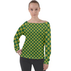 Df Green Domino Off Shoulder Long Sleeve Velour Top by deformigo