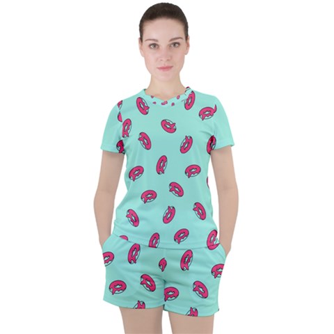 Donuts Pattern Food Colourful Women s Tee And Shorts Set by Vaneshart