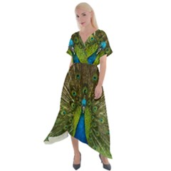 Peacock Feathers Bird Nature Cross Front Sharkbite Hem Maxi Dress by Vaneshart