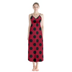 Polka Dots Black On Carmine Red Button Up Chiffon Maxi Dress by FashionBoulevard