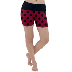 Polka Dots Black On Carmine Red Lightweight Velour Yoga Shorts by FashionBoulevard