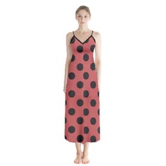 Polka Dots Black On Indian Red Button Up Chiffon Maxi Dress by FashionBoulevard
