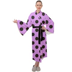 Polka Dots Black On Lavender Purple Maxi Velour Kimono by FashionBoulevard