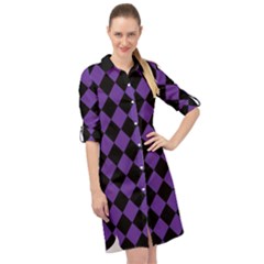 Block Fiesta Black And Imperial Purple Long Sleeve Mini Shirt Dress by FashionBoulevard