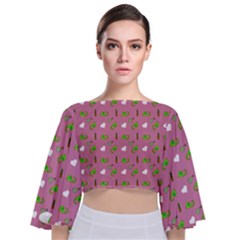 Green Elephant Pattern Mauve Tie Back Butterfly Sleeve Chiffon Top by snowwhitegirl