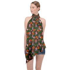 Fiola Pattern Brown Halter Asymmetric Satin Top by snowwhitegirl