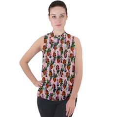 Fiola Pattern Pink Mock Neck Chiffon Sleeveless Top by snowwhitegirl