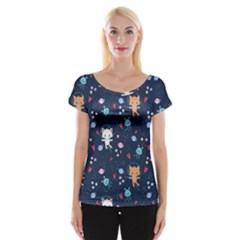 Cute Astronaut Cat With Star Galaxy Elements Seamless Pattern Cap Sleeve Top by Vaneshart