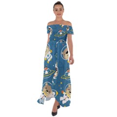 Seamless Pattern Funny Astronaut Outer Space Transportation Off Shoulder Open Front Chiffon Dress by Vaneshart