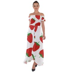 Seamless Pattern Fresh Strawberry Off Shoulder Open Front Chiffon Dress by Wegoenart