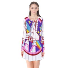 Pink Rainbow Rocket Long Sleeve V-neck Flare Dress by Wegoenart