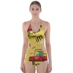 Childish Seamless Pattern With Dino Driver Cut-out One Piece Swimsuit by Vaneshart