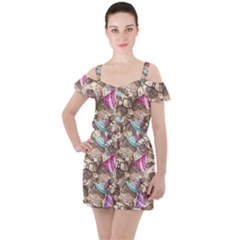 Hand Drawn Animal Pattern Dog Illustration Ruffle Cut Out Chiffon Playsuit by Vaneshart