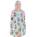 Cupcake Doodle Pattern Velvet Long Sleeve Shoulder Cutout Dress View1