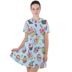 Cupcake Doodle Pattern Short Sleeve Shoulder Cut Out Dress  by Sobalvarro
