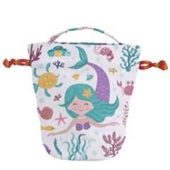 Set Cute Mermaid Seaweeds Marine Inhabitants Drawstring Bucket Bag by Wegoenart