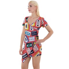 Vintage Retro Cassette Tape Pattern Design Template Short Sleeve Asymmetric Mini Dress by Wegoenart