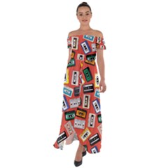 Vintage Retro Cassette Tape Pattern Design Template Off Shoulder Open Front Chiffon Dress by Wegoenart