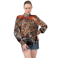 Nature With Tiger High Neck Long Sleeve Chiffon Top by Sparkle