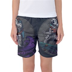 Illustration Astronaut Cosmonaut Paying Skateboard Sport Space With Astronaut Suit Women s Basketball Shorts by Vaneshart