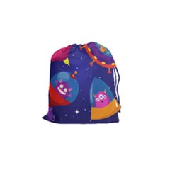 Cartoon Funny Aliens With Ufo Duck Starry Sky Set Drawstring Pouch (small) by Vaneshart