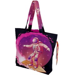 Astronaut Spacesuit Standing Surfboard Surfing Milky Way Stars Drawstring Tote Bag by Vaneshart