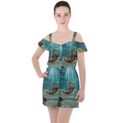 Awesome Steampunk Manta Rays Ruffle Cut Out Chiffon Playsuit by FantasyWorld7