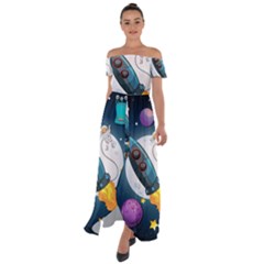Spaceship Astronaut Space Off Shoulder Open Front Chiffon Dress by Vaneshart