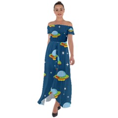 Seamless Pattern Ufo With Star Space Galaxy Background Off Shoulder Open Front Chiffon Dress by Vaneshart