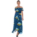 Seamless Pattern Ufo With Star Space Galaxy Background Off Shoulder Open Front Chiffon Dress View1