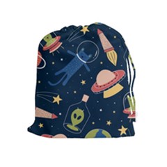 Seamless Pattern With Funny Aliens Cat Galaxy Drawstring Pouch (xl) by Vaneshart