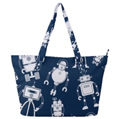 White Robot Blue Seamless Pattern Full Print Shoulder Bag by Vaneshart