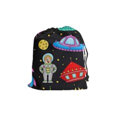 Seamless Pattern With Space Objects Ufo Rockets Aliens Hand Drawn Elements Space Drawstring Pouch (medium) by Vaneshart