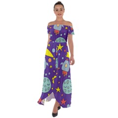 Card With Lovely Planets Off Shoulder Open Front Chiffon Dress by Vaneshart