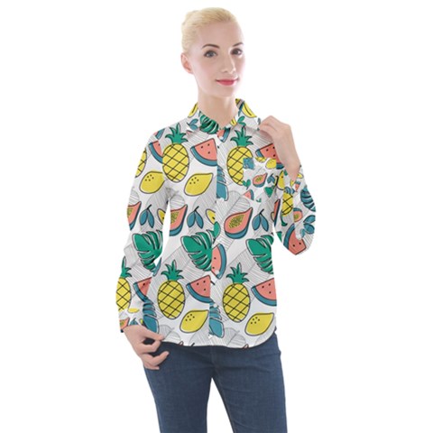 Seamless Pattern Tropical Fruit Banana Watermelon Papaya Lemon Orange Monstera Women s Long Sleeve Pocket Shirt by Vaneshart