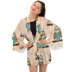 Seamless Pattern Owls Dream Cute Style Fabric Long Sleeve Kimono by Vaneshart