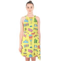 Travel Pattern Halter Collar Waist Tie Chiffon Dress by Vaneshart